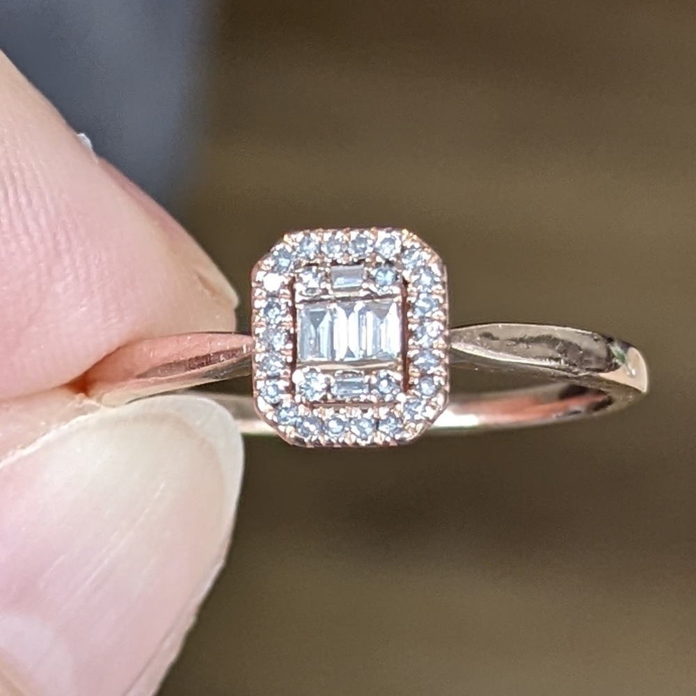 10K Rose Gold Round And Baguette Cut Diamond Cluster Ring